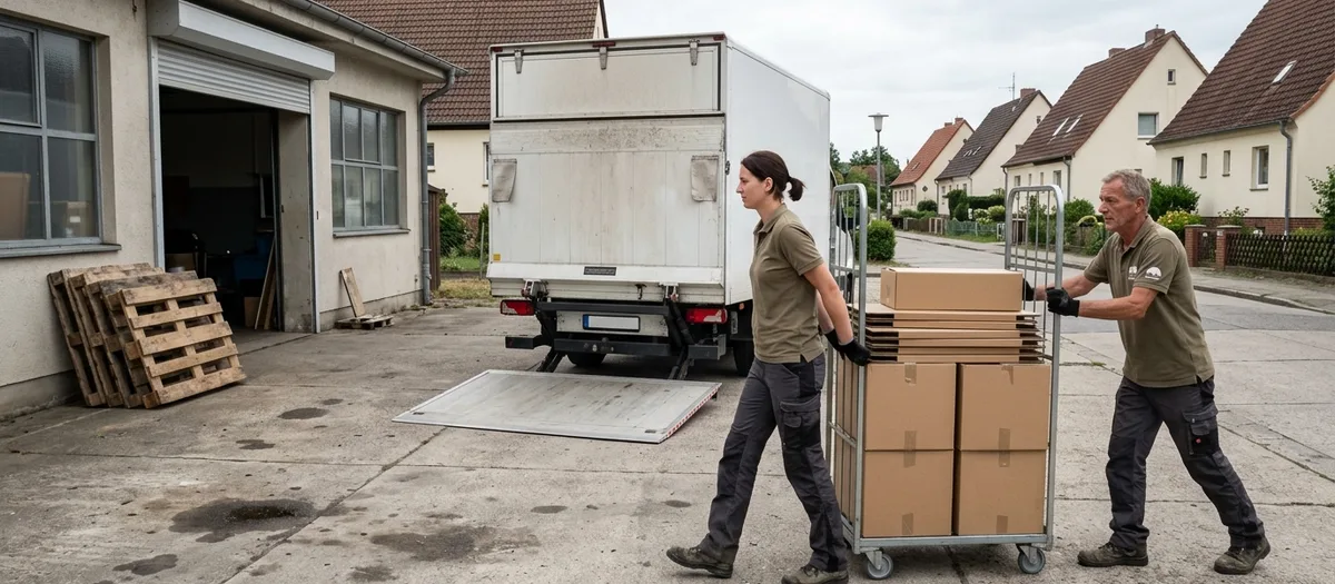 Zwei Umzugskräfte schieben einen Rollcontainer mit Kartons und flachen Regalteilen über einen Betonhof zum Umzugswagen mit abgesenkter Ladebordwand; links ein flaches Werkstattgebäude mit offenem Rolltor und gestapelten Paletten.