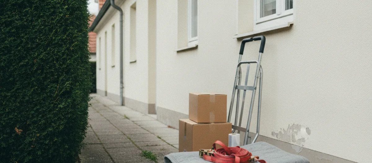 Arbeitsmaterial vor der Hauswand eines Siedlungshauses: zwei gestapelte Umzugskartons, eine angelehnte Sackkarre, ein roter Spanngurt und eine Rolle Stretchfolie auf einer gefalteten Umzugsdecke, links eine hohe Hecke.