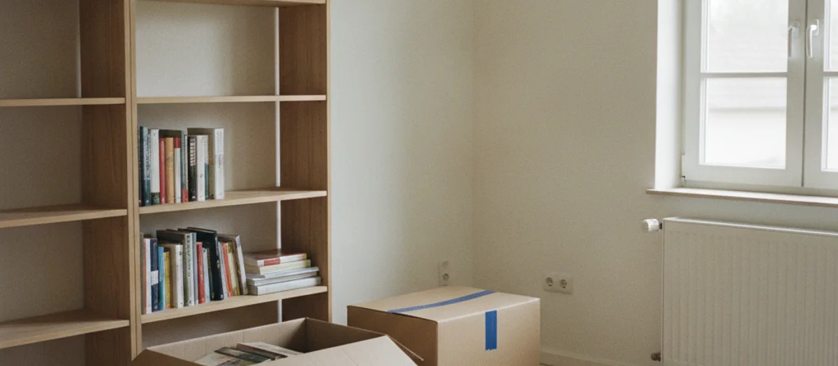 Halb ausgeräumtes Bücherregal in einem Wohnzimmer, davor ein offener Umzugskarton mit Büchern und ein verschlossener Karton mit blauem Klebeband, rechts ein Heizkörper unter dem Fenster.
