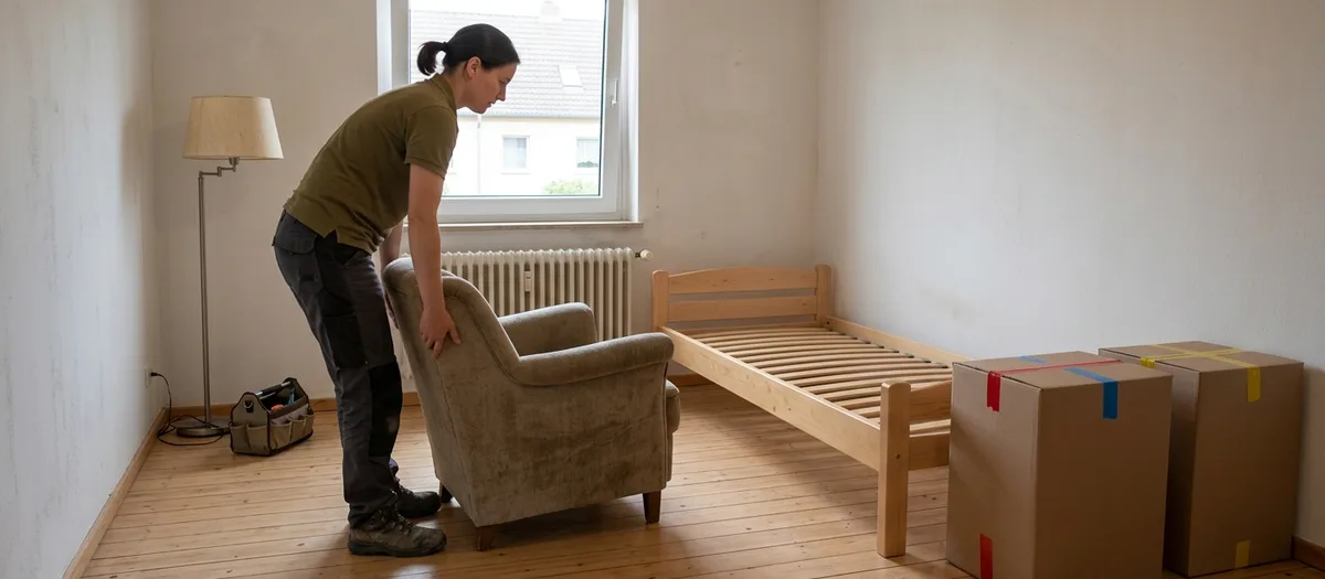 Umzugskraft stellt einen Polstersessel in einem hellen Zimmer ab; daneben ein bereits aufgebautes Einzelbett mit Lattenrost, zwei mit farbigem Klebeband markierte Kartons, eine Stehlampe und eine Werkzeugtasche.