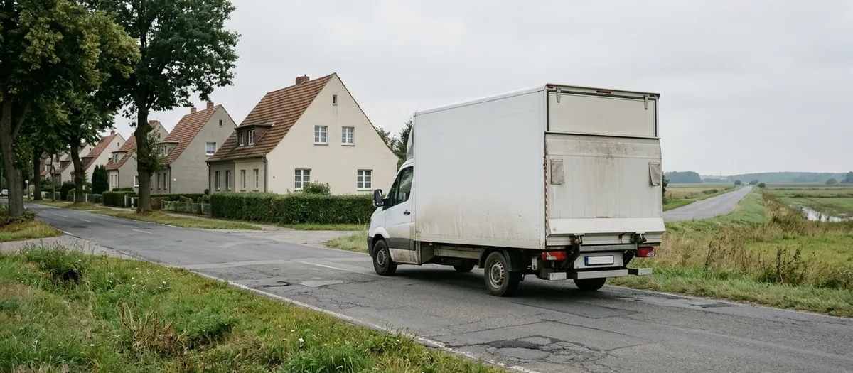 Beladener weißer Umzugswagen biegt am Ortsrand von der Siedlungsstraße auf die Durchgangsstraße ein; rechts offene Felder mit einem Graben, links die letzten Hecken und Dächer.