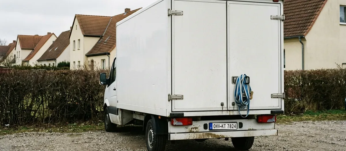 Geschlossene Hecktüren des beladenen weißen Umzugswagens aus der Nähe, an der Türklinke hängt ein aufgerollter Spanngurt; der Wagen steht auf einem Kiesplatz am Ortsrand.