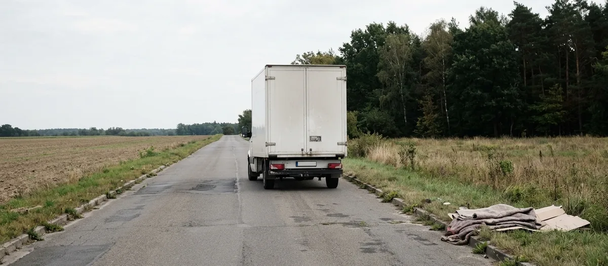 Weißer Umzugswagen von hinten auf einer geflickten Landstraße zwischen abgeerntetem Acker und Waldrand, schon ein Stück entfernt.
