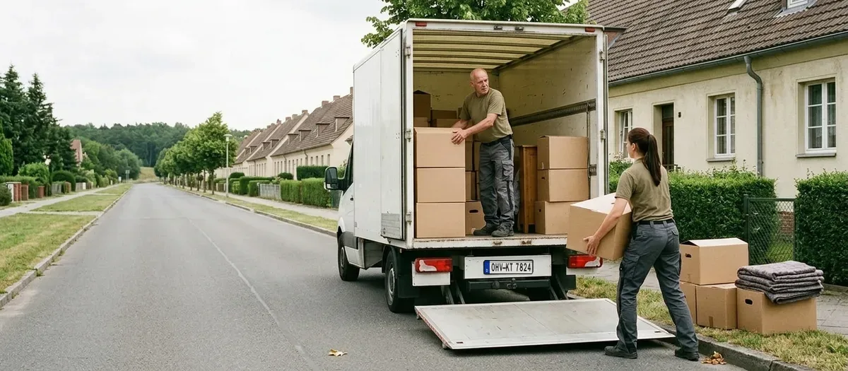 Weißer Umzugswagen mit abgesenkter Ladebordwand am Straßenrand: eine Umzugskraft steht in der Ladefläche und stapelt Kartons, eine zweite trägt einen Karton heran, daneben liegen Umzugsdecken.
