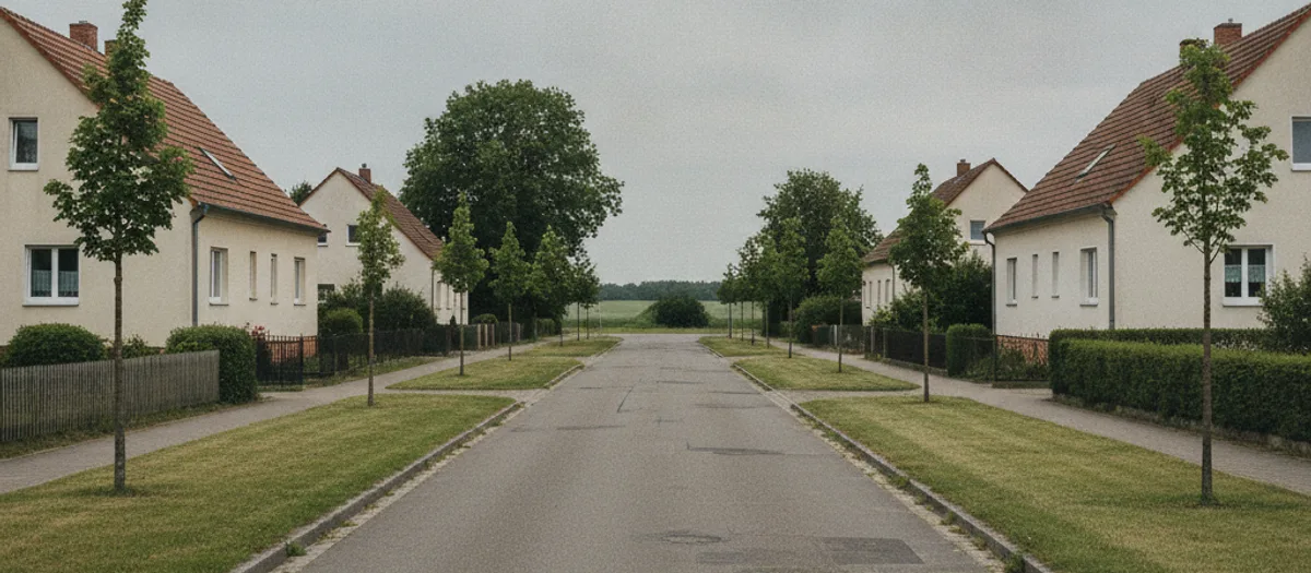 Gerade Dorfstraße mit breiten Rasenstreifen und jungen Linden zu beiden Seiten; hinter Gartenzäunen niedrige Häuser mit Ziegeldächern, am Ende geht die Straße in freies Feld über.