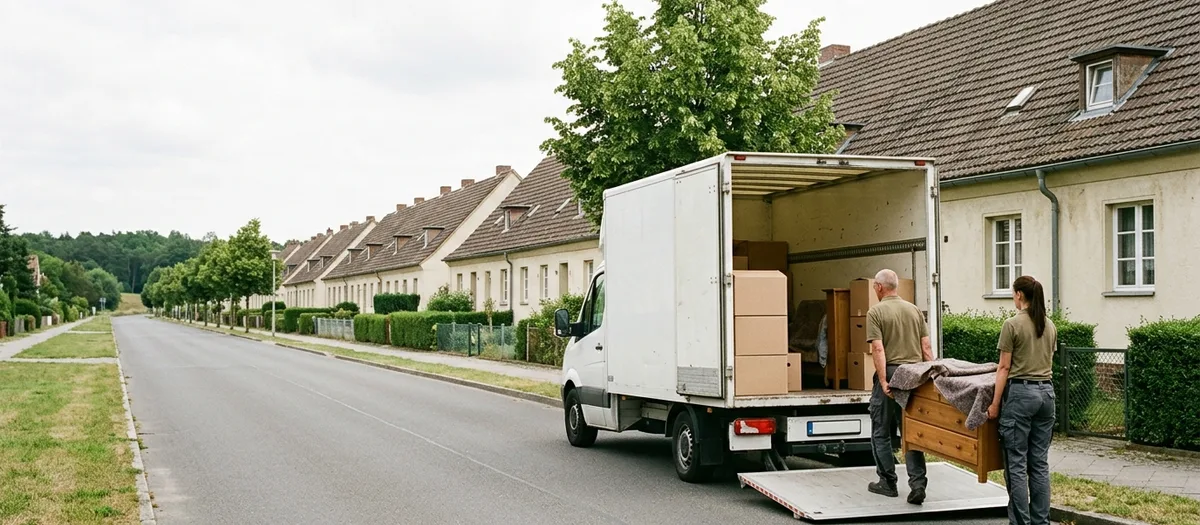 Weißer Umzugswagen mit geöffneten Hecktüren und heruntergelassener Ladebordwand an einer geraden Siedlungsstraße in Leegebruch; zwei Umzugskräfte tragen eine in eine Decke gewickelte Kommode zur Ladefläche, dahinter eine lange Reihe gleicher Siedlungshäuser hinter geschnittenen Hecken.