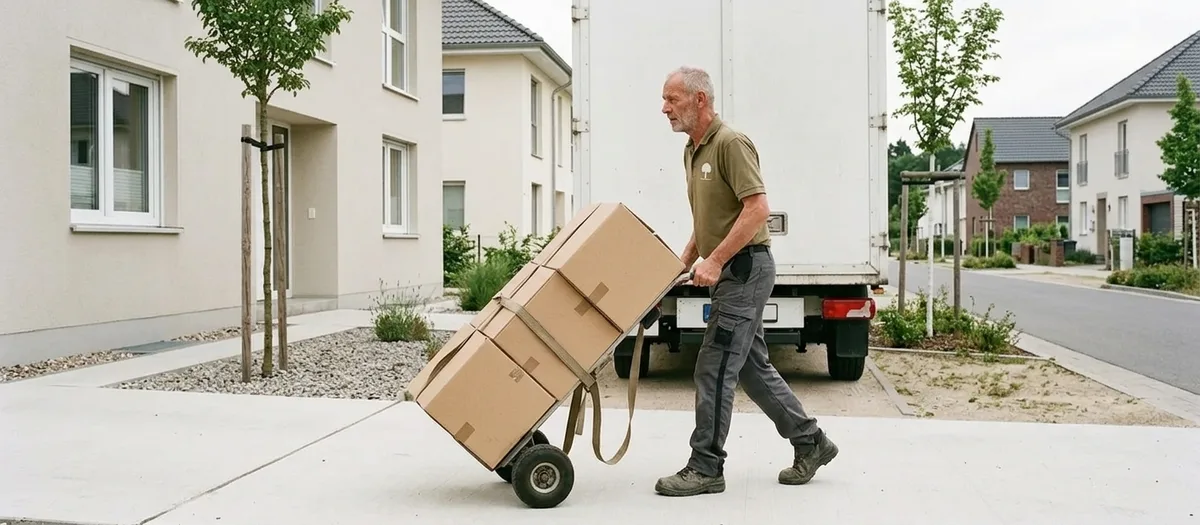 Umzugskraft zieht eine beladene Sackkarre mit vier Kartons über die Betonzufahrt eines Neubaus; dahinter steht der weiße Umzugswagen, ringsum weitere neue Häuser mit jungen Bäumen.